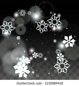 Christmas  Vector Background with White Falling Snowflakes Isolated on Transparent Background. Glitter Snow Sparkle Pattern. Snowfall Overlay Print. Winter Sky. Design for  Banner.