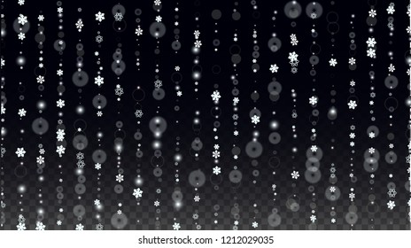 Christmas  Vector Background with White Falling Snowflakes Isolated on Transparent Background. Festival Snow Sparkle Pattern. Snowfall Overlay Print. Winter Sky. Design for  Poster.
