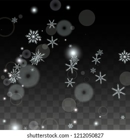 Christmas  Vector Background with White Falling Snowflakes Isolated on Transparent Background. Realistic Snow Sparkle Pattern. Snowfall Overlay Print. Winter Sky. Design for  Banner.