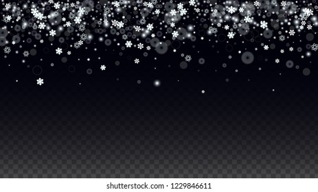 Christmas  Vector Background with White Falling Snowflakes Isolated on Transparent Background. Realistic Snow Sparkle Pattern. Snowfall Overlay Print. Winter Sky. Design for  Banner.