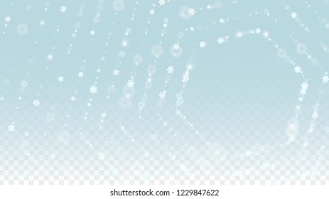 Christmas  Vector Background with White Falling Snowflakes Isolated on Transparent Background. Luxury Snow Sparkle Pattern. Snowfall Overlay Print. Winter Sky. Design for  Banner.