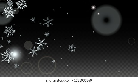 Christmas  Vector Background with White Falling Snowflakes Isolated on Transparent Background. Realistic Snow Sparkle Pattern. Snowfall Overlay Print. Winter Sky. Design for  Party Invitation.