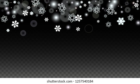 Christmas  Vector Background with White Falling Snowflakes Isolated on Transparent Background. Magic Snow Sparkle Pattern. Snowfall Overlay Print. Winter Sky. Design for  Poster.