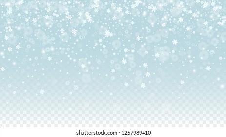 Christmas  Vector Background with White Falling Snowflakes Isolated on Transparent Background. Realistic Snow Sparkle Pattern. Snowfall Overlay Print. Winter Sky. Design for  Party Invitation.