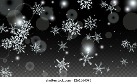 Christmas  Vector Background with White Falling Snowflakes Isolated on Transparent Background. Miracle Snow Sparkle Pattern. Snowfall Overlay Print. Winter Sky. Design for  Poster.