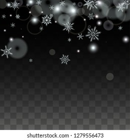 Christmas  Vector Background with White Falling Snowflakes Isolated on Transparent Background. Glitter Snow Sparkle Pattern. Snowfall Overlay Print. Winter Sky. Design for  Christmas Sale.