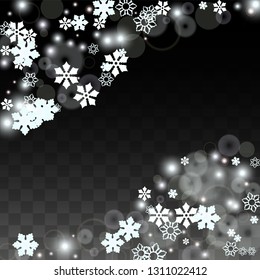Christmas  Vector Background with White Falling Snowflakes Isolated on Transparent Background. Glitter Snow Sparkle Pattern. Snowfall Overlay Print. Winter Sky. Design for  Party Invitation.