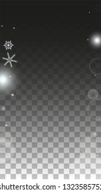 Christmas  Vector Background with White Falling Snowflakes Isolated on Transparent Background. Luxury Snow Sparkle Pattern. Snowfall Overlay Print. Winter Sky. Design for  Poster.