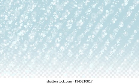 Christmas  Vector Background with White Falling Snowflakes Isolated on Transparent Background. Realistic Snow Sparkle Pattern. Snowfall Overlay Print. Winter Sky. Design for  Party Invitation.