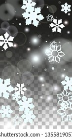 Christmas  Vector Background with White Falling Snowflakes Isolated on Transparent Background. Realistic Snow Sparkle Pattern. Snowfall Overlay Print. Winter Sky. Design for  Poster.