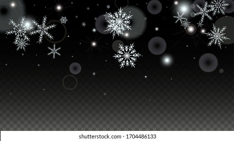 Christmas  Vector Background with White Falling Snowflakes Isolated on Transparent Background. Luxury Snow Sparkle Pattern. Snowfall Overlay Print. Winter Sky. Design for  Party Invitation.