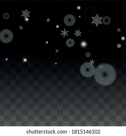 Christmas  Vector Background with White Falling Snowflakes Isolated on Transparent Background. Glitter Snow Sparkle Pattern. Snowfall Overlay Print. Winter Sky. Design for  Banner.