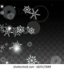 WeihnachtsVektorhintergrund mit weißen Schneeflocken einzeln auf transparentem Hintergrund. Fantasy Snow Sparkle Muster. Schneefall Overlay Print. Winter Sky. Design für Poster.