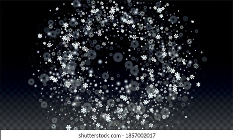 Christmas  Vector Background with White Falling Snowflakes Isolated on Transparent Background. Miracle Snow Sparkle Pattern. Snowfall Overlay Print. Winter Sky. Design for  Party Invitation.