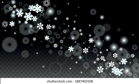 Christmas  Vector Background with White Falling Snowflakes Isolated on Transparent Background. Realistic Snow Sparkle Pattern. Snowfall Overlay Print. Winter Sky. Design for  Party Invitation.