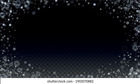 Christmas Vector Background with White Falling Snowflakes Isolated on Transparent Background. Realistic Snow Sparkle Pattern. Snowfall Overlay Print. Winter Sky. Design for Party Invitation.