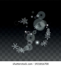 WeihnachtsVektorhintergrund mit weißen Schneeflocken einzeln auf transparentem Hintergrund. Zauberschneemuster Schneefall Overlay Print. Winter Sky. Design für Poster.