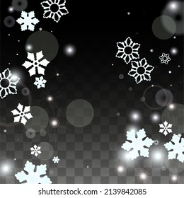 Christmas  Vector Background with White Falling Snowflakes Isolated on Transparent Background. Realistic Snow Sparkle Pattern. Snowfall Overlay Print. Winter Sky. Design for  Christmas Sale.