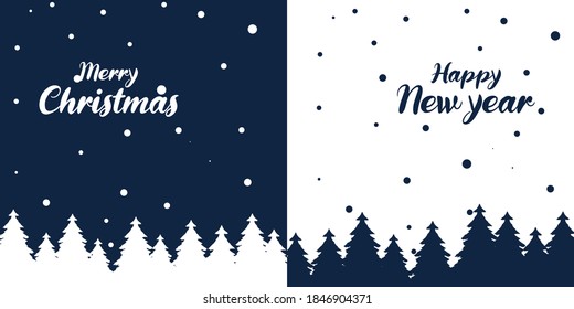 Christmas vector background. Winter is coming. Snowy night with first, coniferous forest, light garlands, falling snow, Woodland landscape for winter and new year holidays. Holiday winter landscape.