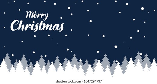 Christmas vector background. Winter is coming. Snowy night with first, coniferous forest, light garlands, falling snow, Woodland landscape for winter and new year holidays. Holiday winter landscape.