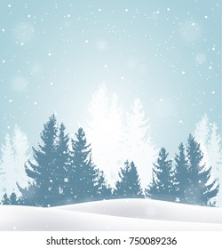 Christmas vector background with winter snowy landscape. New Year greeting card