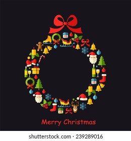 Christmas vector background with Christmas wreath on black 