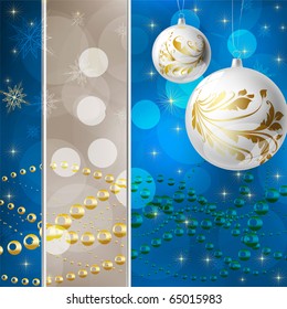 Weihnachtsvektorhintergrund für Weihnachtsdesign. Mit 3D-realistischen Bälle mit goldenen Blumenverzierungen.