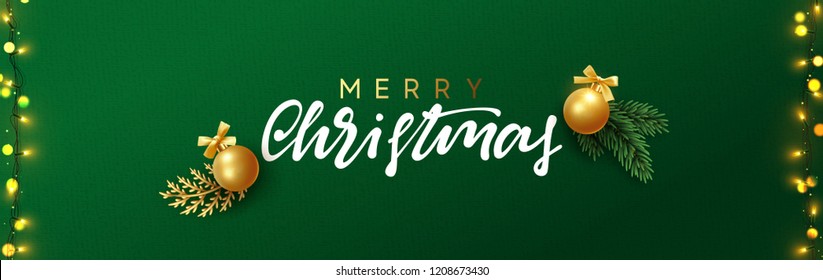 Christmas vector background. Xmas sale, holiday web banner. Design christmas decorations string lights, gold balls. Green and golden pine branches