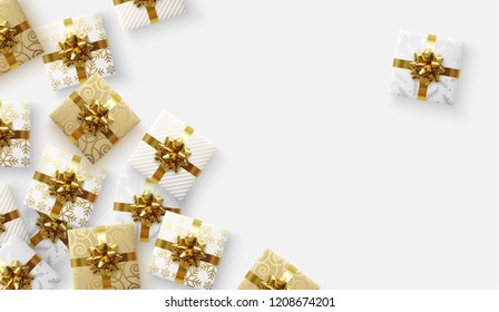Christmas vector background. Xmas sale, holiday web banner. View top on composition gift box.