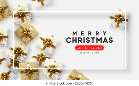 Christmas vector background. Xmas sale, holiday web banner. View top on composition gift box.