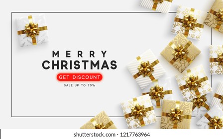 Christmas vector background. Xmas sale, holiday web banner. View top on composition gift box.