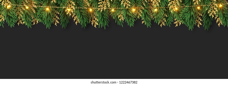 Christmas vector background. Xmas sale, holiday web banner. Design christmas decorations green and golden pine branches light garlands