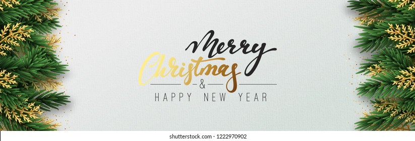 Christmas vector background. Xmas sale, holiday web banner. Design christmas decorations green and golden pine branches