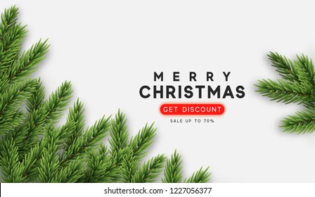 Christmas vector background. Xmas sale, holiday web banner. Design christmas decorations green pine branches