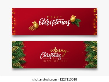 Christmas Vector Background. Xmas Sale, Holiday Web Banner. Design Christmas Decorations String Lights, Gold Balls. Green And Golden Pine Branches