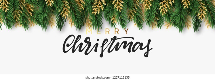 Christmas Vector Background. Xmas Sale, Holiday Web Banner. Design Christmas Decorations Green And Golden Pine Branches