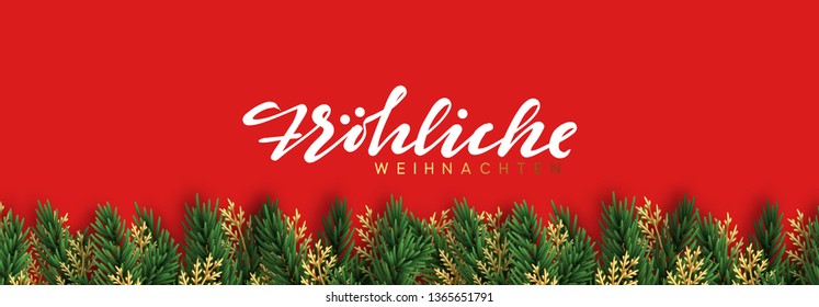 Christmas vector background. Xmas sale, holiday web banner. Design christmas decorations green and golden pine branches. German text Frohe Weihnachten