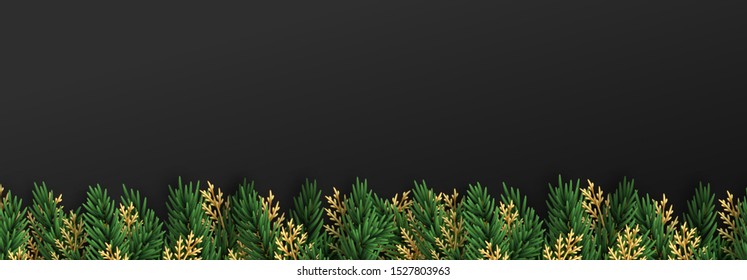 Christmas vector background. Xmas sale, holiday web banner. Design christmas decorations green and golden pine branches Christmas vector background. Xmas sale, holiday web banner. Design christmas decorations green and golden pine branches