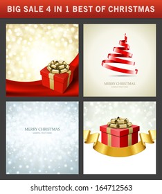 Christmas vector backgrounds set. Greeting cards, banners or invitations. Big sale 4 in 1 holiday illustrations.