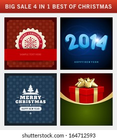 Christmas vector backgrounds set. Greeting cards, banners or invitations. Big sale 4 in 1 holiday illustrations.
