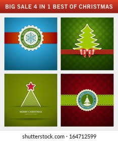 Christmas vector backgrounds set. Greeting cards, banners or invitations. Big sale 4 in 1 holiday illustrations.