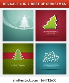 Christmas vector backgrounds set. Greeting cards, banners or invitations. Big sale 4 in 1 holiday illustrations.