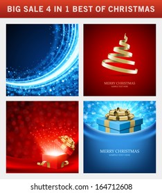 Christmas vector backgrounds set. Greeting cards, banners or invitations. Big sale 4 in 1 holiday illustrations.