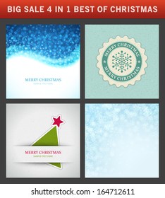 Christmas vector backgrounds set. Greeting cards, banners or invitations. Big sale 4 in 1 holiday illustrations.