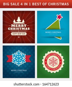 Christmas vector backgrounds set. Greeting cards, banners or invitations. Big sale 4 in 1 holiday illustrations.
