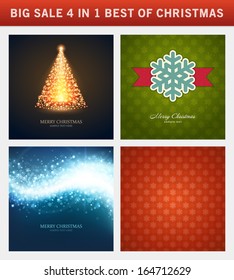 Christmas vector backgrounds set. Greeting cards, banners or invitations. Big sale 4 in 1 holiday illustrations.