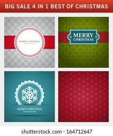 Christmas vector backgrounds set. Greeting cards, banners or invitations. Big sale 4 in 1 holiday illustrations.
