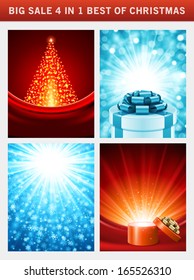 Christmas vector backgrounds set. Greeting cards, banners or invitations. Big sale 4 in 1 holiday illustrations. 