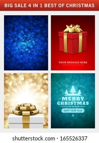 Christmas vector backgrounds set. Greeting cards, banners or invitations. Big sale 4 in 1 holiday illustrations. 