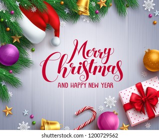 Christmas vector banner and background template with merry christmas greeting typography and colorful elements like pine leaves, gifts and decorations. Vector illustration.
